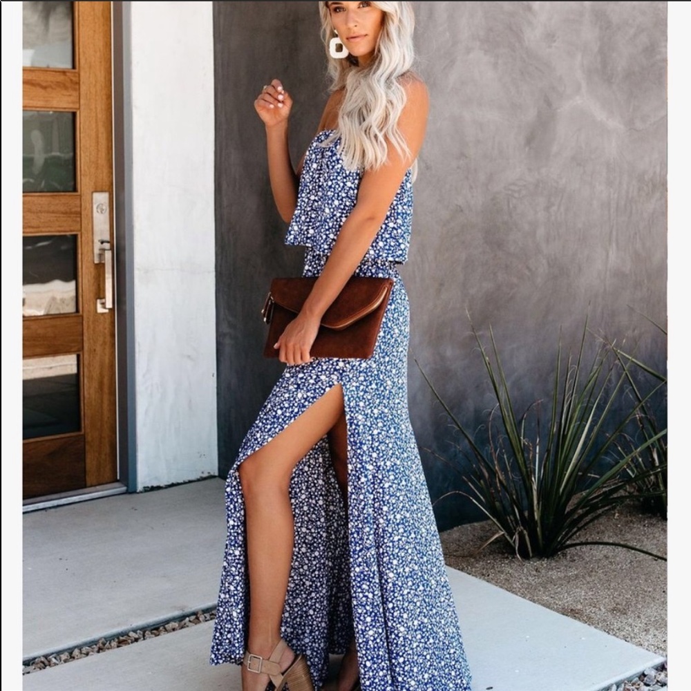 Vici blue and white strapless maxi dress w slit